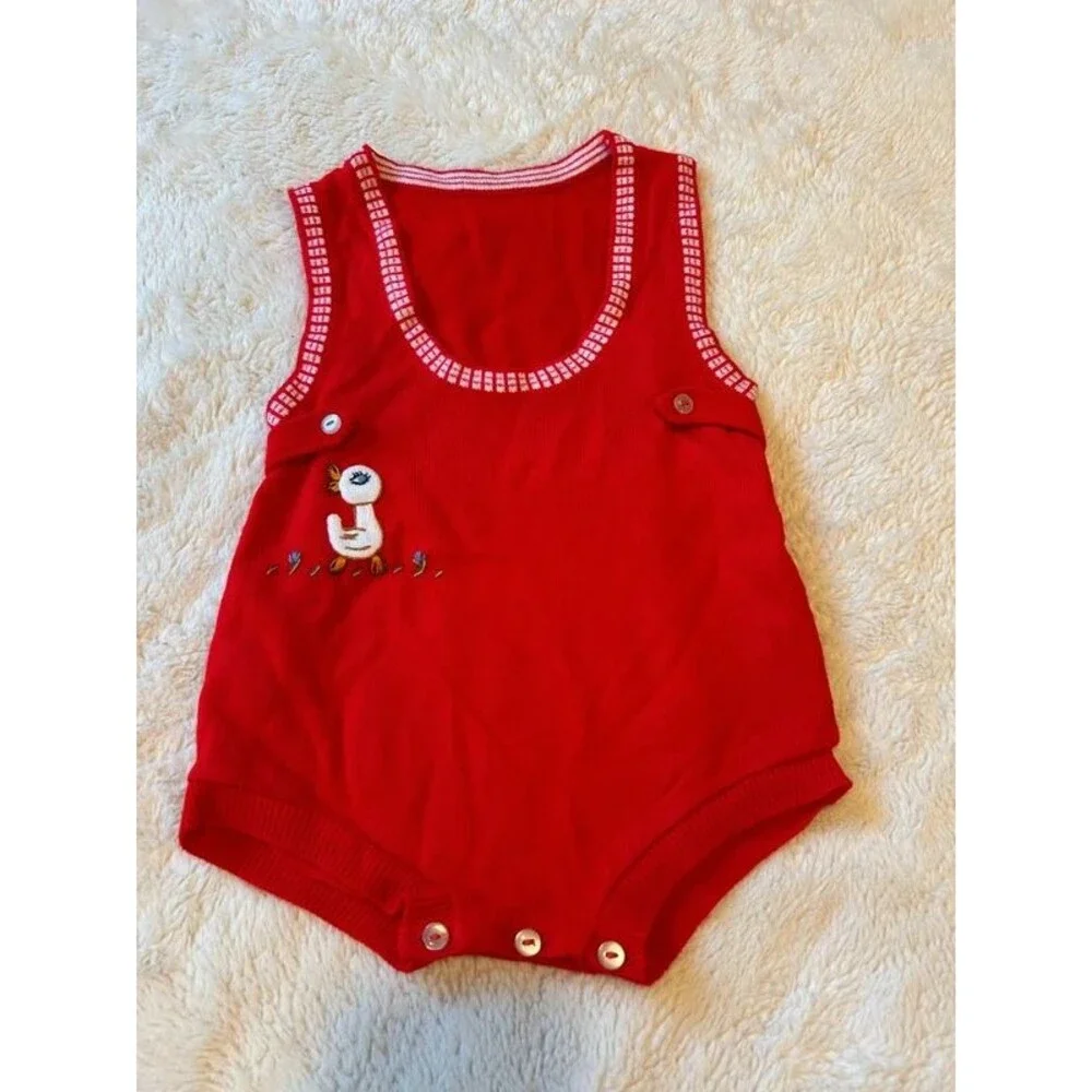 Vintage Funky Duck Embroidered Snap Baby Romper Red Summer